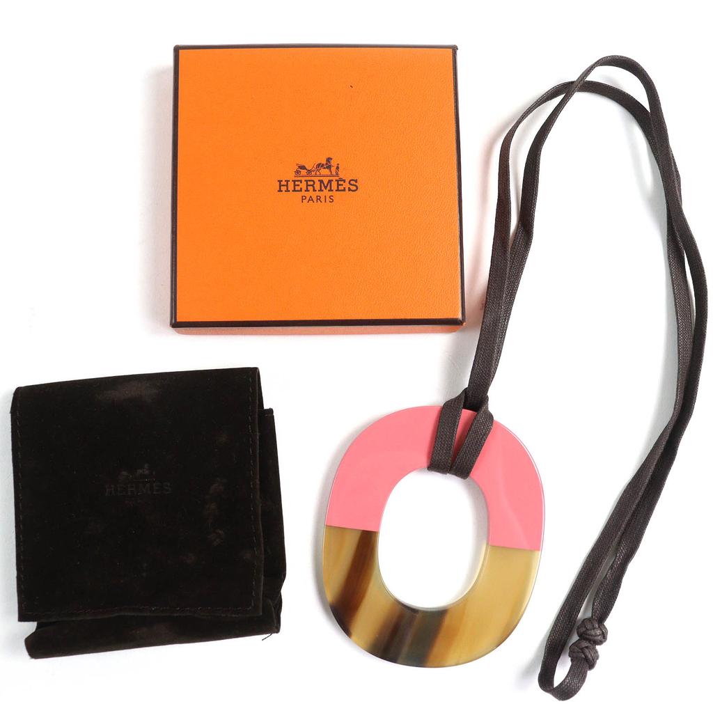 Excellent HERMES Necklace Ism Bicolor Pendant Wood Beige Pink Buffalo Horn Women Used