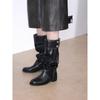 Cowhide version niche trousers fashion boots genuine leather stacking boots women's retro pleated boots round head but knee knight boots