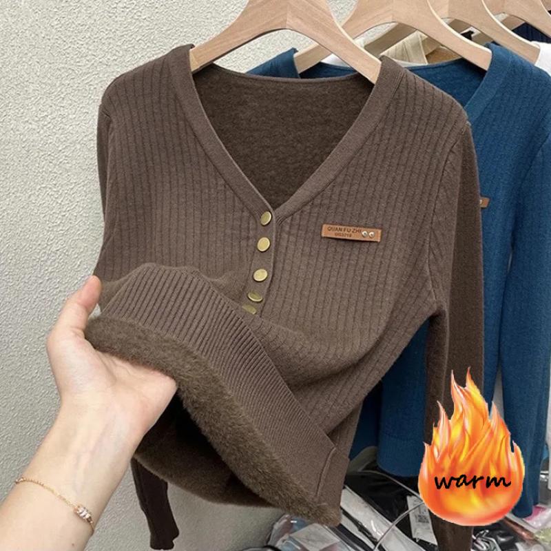 Thicken Warm Plus Velvet Winter Sweaters Women Casual V-neck Button Decoration Design Basic Solid Knit Pullover Bottomed Jumpers
