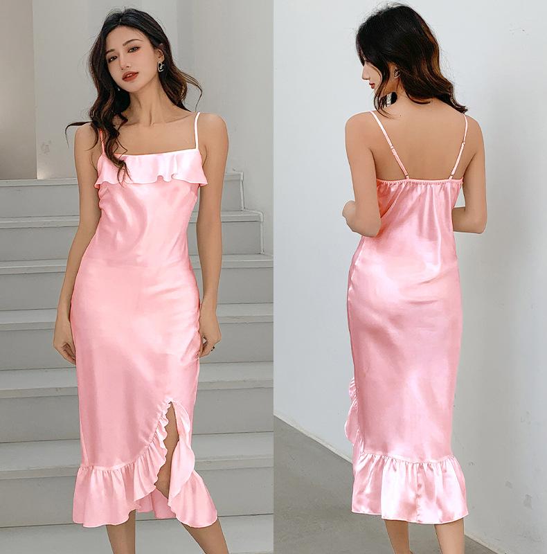 Yaoting solid color ice silk temperament suspender nightdress sexy ruffle bottom swing split pajamas loungewear CQ1111