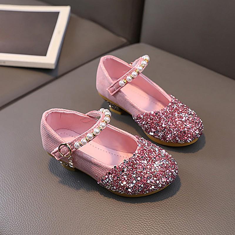 

Кожаные туфли для девочек, туфли принцессы на высоком каблуке, декоративная детская обувь с блестками и бусинами 28