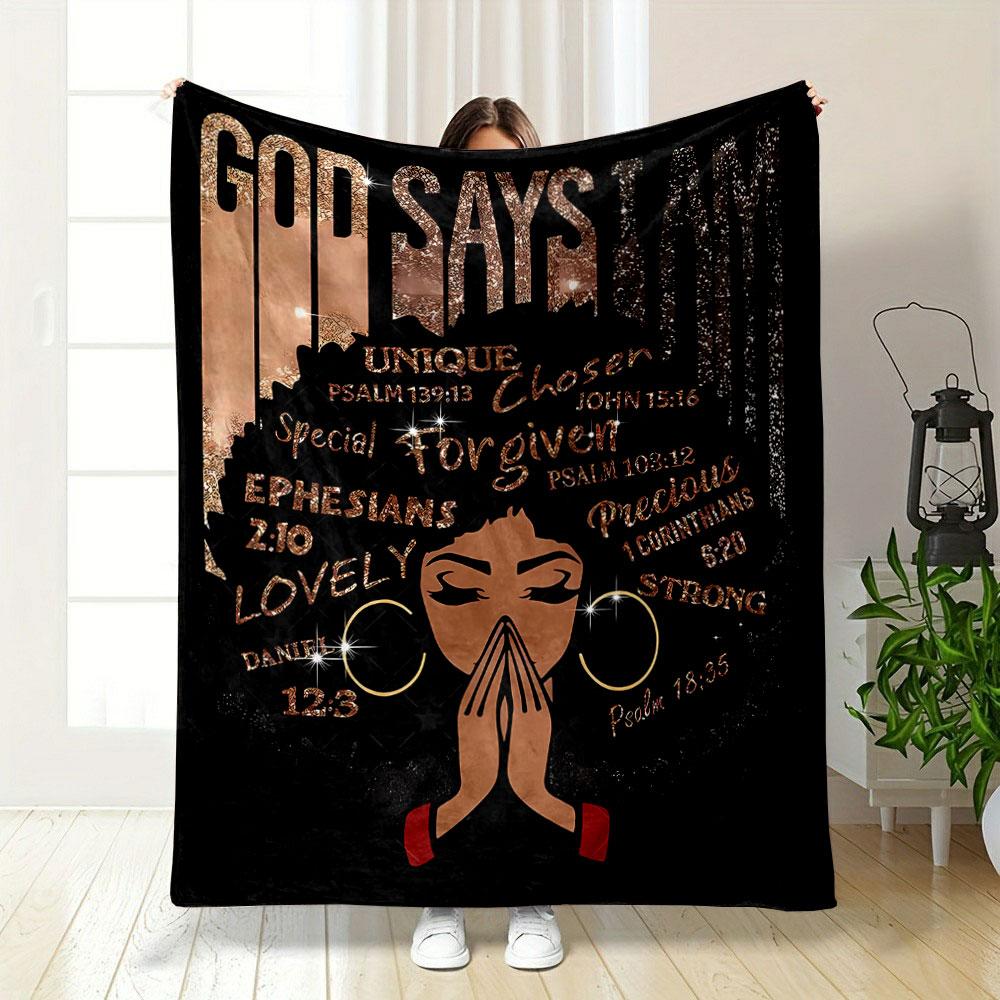 God Says I Am Religious Blanket with Inspirational Scripture and Afro Lady Design Blanket for Livingroom Lunch Break Throw for Friend's Festival Gift