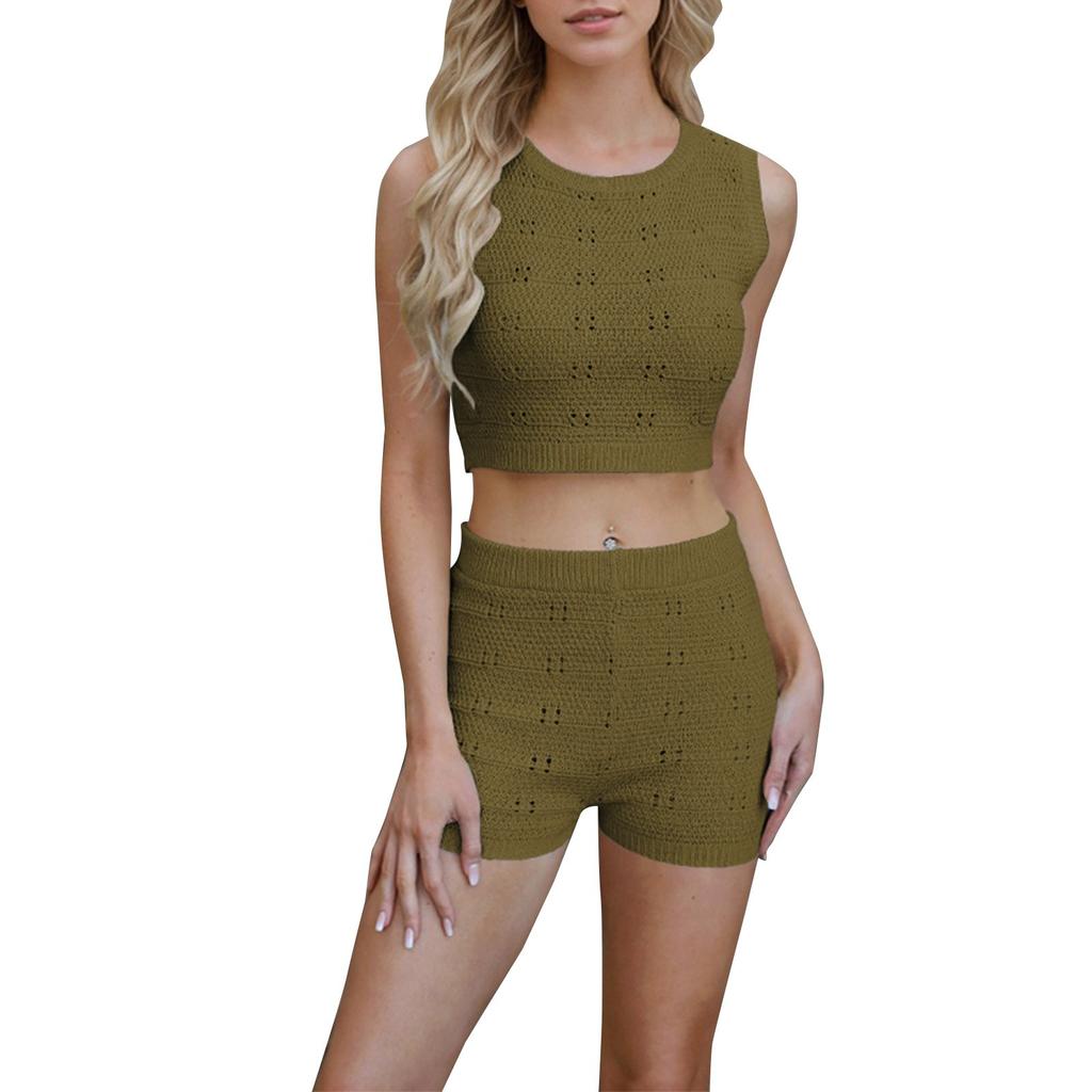 Dámská letní móda Plážový kulatý výstřih Ležérní přiléhavý bez rukávů Šortkový set