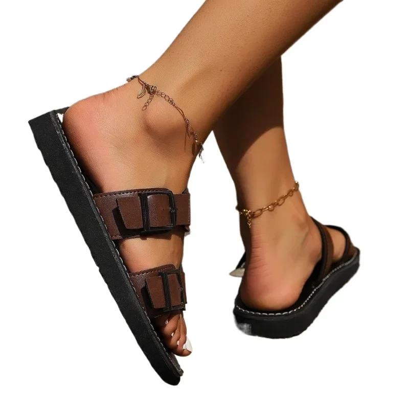 fashion 2024 New Ladies Shoes Open Toe Women's Slippers Summer Roman Buckle Solid Solft Sole Comfortable Casual Flat Large Size Slippers