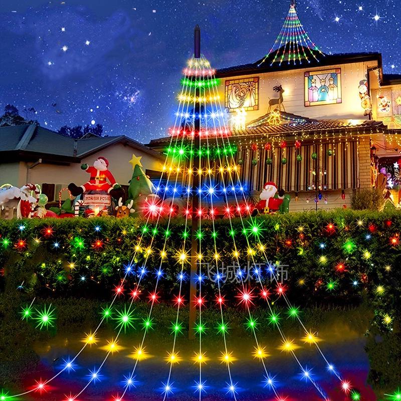 LED Solar Santa Pentagram Waterfall String Lights - Copper Wire Star Fairy Lights for Christmas Tree & Courtyard Decorations