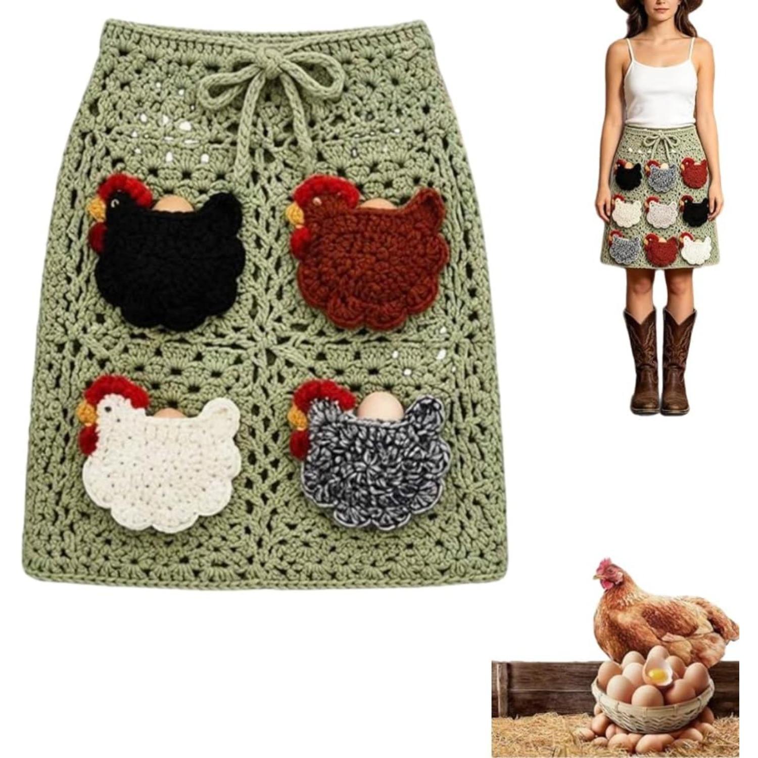 Handmade Crochet Chicken Egg Apron, Farmhouse Egg Gathering Apron with Chicken Pockets for Backyard Chicken Keepers зелёный