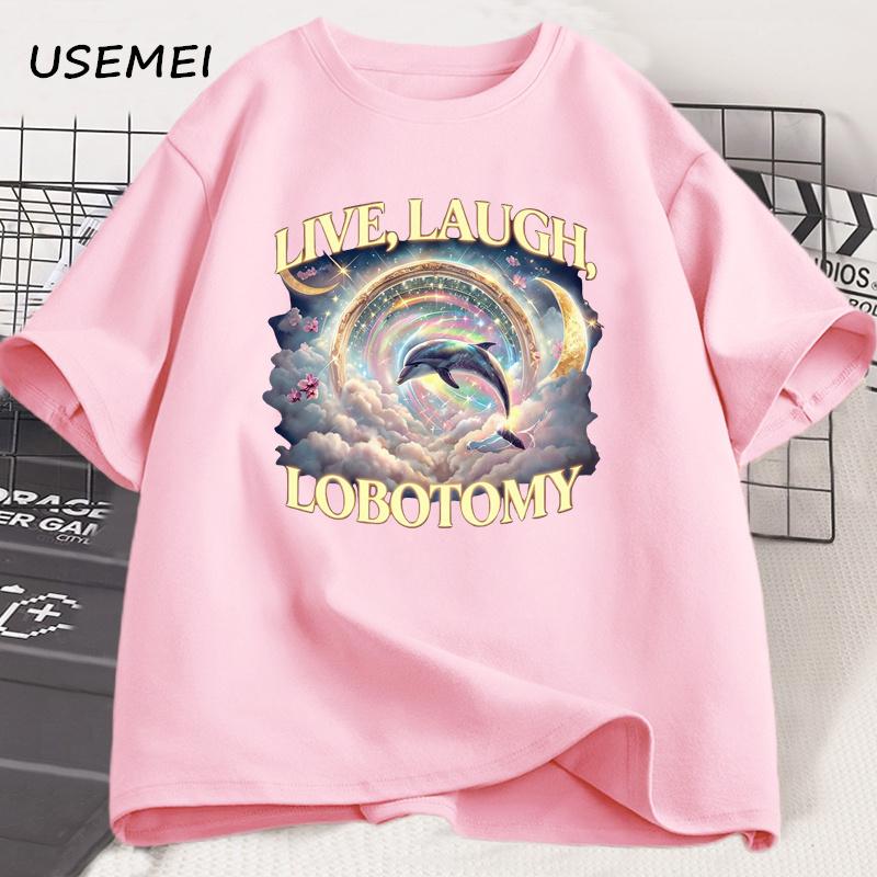 Live Laugh Lobotomy Koszulka Męska Damska Śmieszna Delfin Meme Koszulka Głupia Bawełniana Krótki Rękaw Dziwne Vintage Koszulki Graficzne