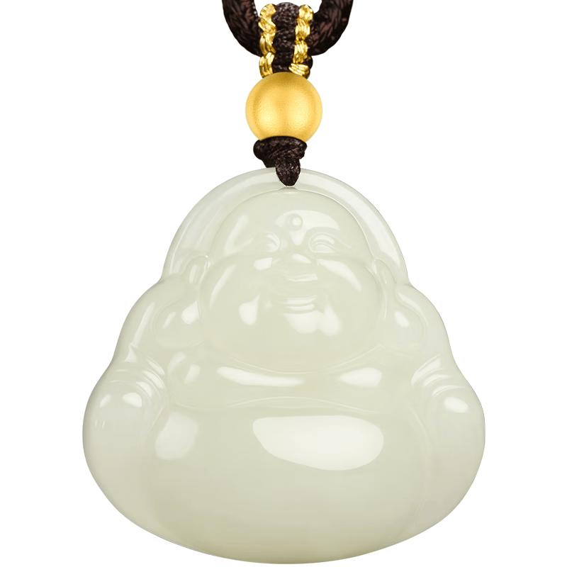 Fengxi Natural Hetian Jade Happy Buddha Pendant with Gold Beads