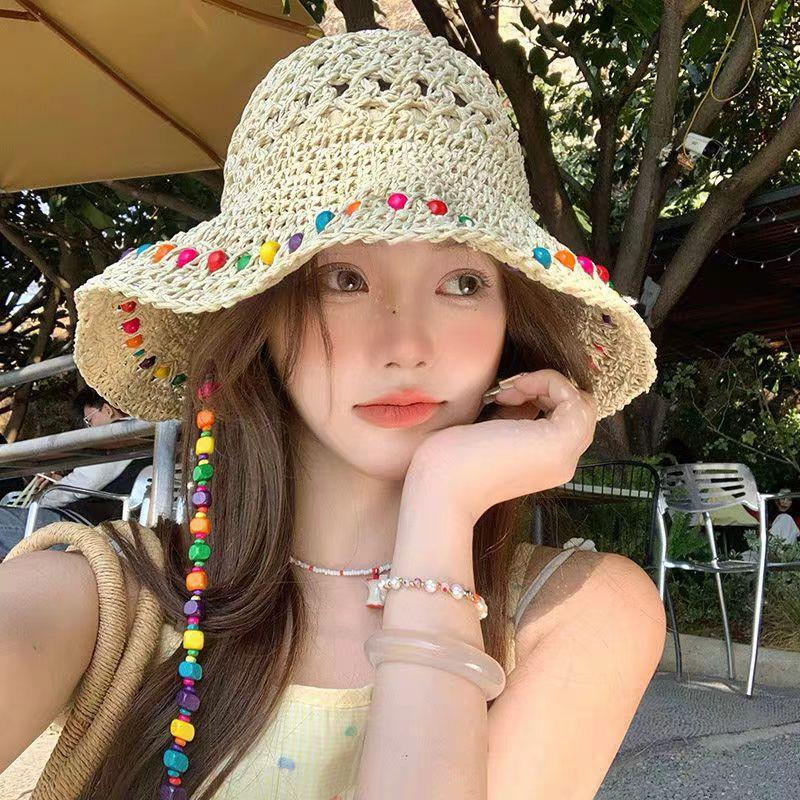 Straw hat women's summer new big-brimmed sun hat lace lace sunscreen seaside vacation hat breathable face