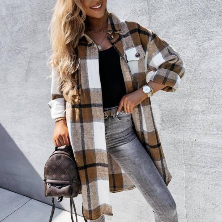 2022 Autumn/Winter Women's European & American Plaid Long-Sleeved Loose Shirt Jacket