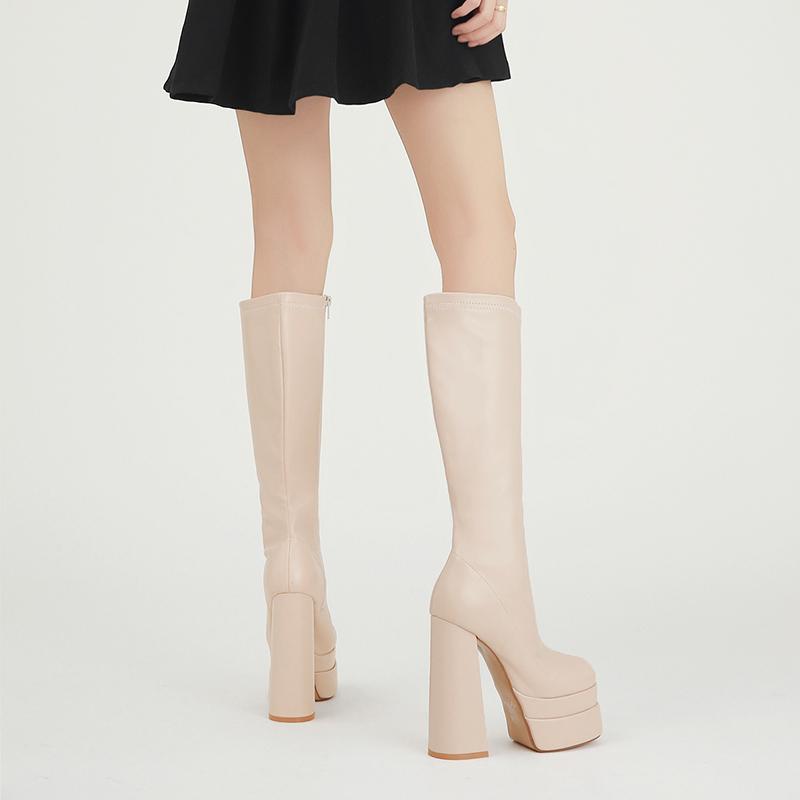 Stivali Rosa Chiaro Alti Al Ginocchio Donna, Punta Quadrata E Tacco Grosso 8 Cm, Stivaloni Trendy In Ecopelle Con Cerniera