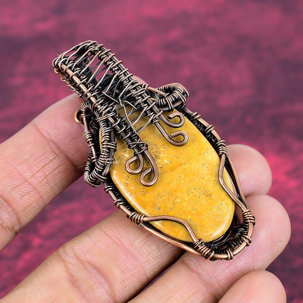 Fossil Coral Pendant Copper Wire Wrapped Gemstone Jewelry Handmade Unique Pendant