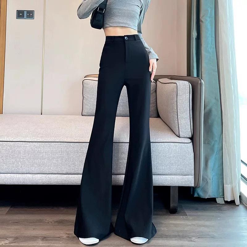 

150kg Plus-Size Black Stretchy Suit Pants for Women, New Spring Style, High-Waisted, Slimming, Drapey Flared Pants 2XL чёрный