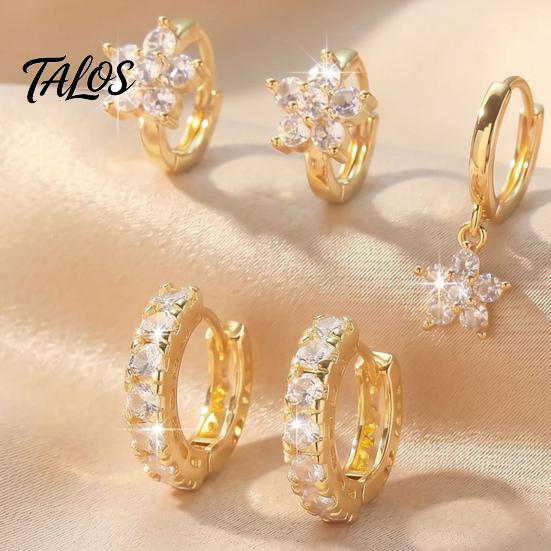 Gold Plated Hoop Earrings for Women 3 Pairs Star Zirconia Flower Drop Earrings, Minimalist Dangle Versatile Earring Set Daily Wear Women,