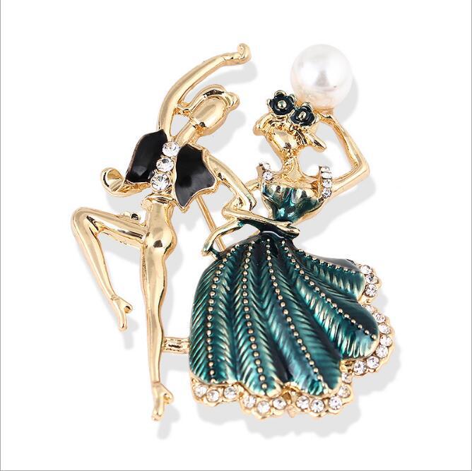 Enamel Ballet Brooch with Rhinestones & Pearls - Versatile Dance Collar Pin Accessory синий