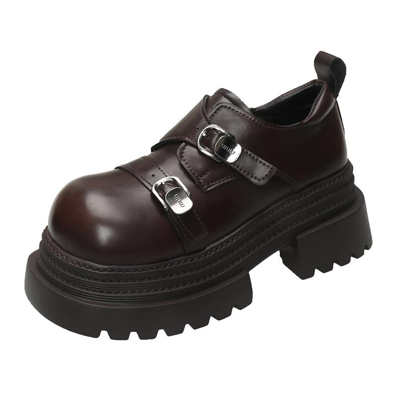 Spring New Wear British Style Small Leather Shoes Mary Jane Women's Coarse Heel Thick Soled Height Increasing Le Fu Shoes