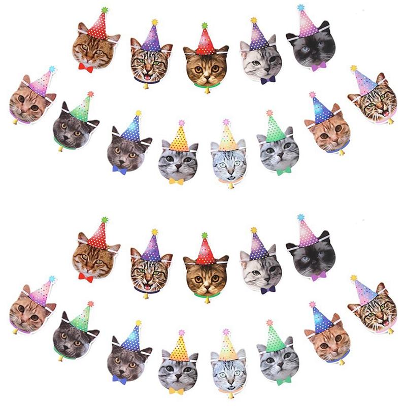 2X Pet Birthday Banner Cartoon Cute Cat Dog Paper Bunting Garland Cat Dog Birthday Party Hanging Banners