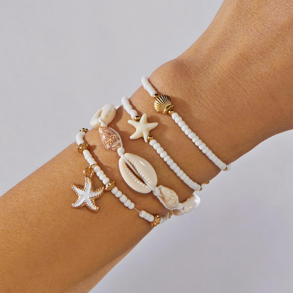 Sweet Pink Rice Bead Bow Bracelets Set for Women Bohemian Summer Shell Starfish Flower Bracelets Trendy Multi Layer Jewelry