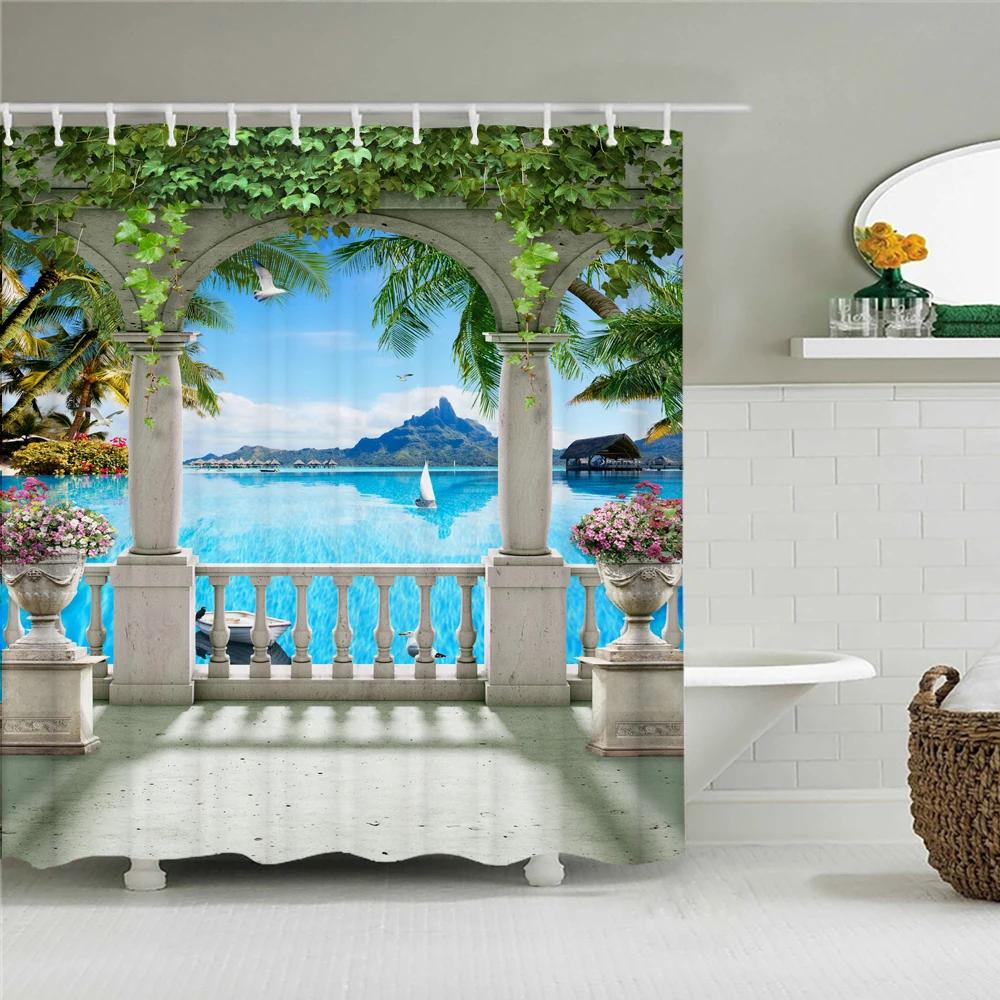 European Flowers Scenery Garden Shower Curtain, Rustic Nature Landscape Path Arch Decor Bath Curtain For Shower Stall Bathroom