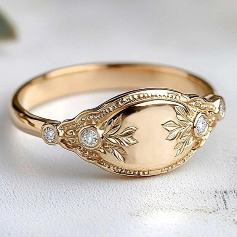 Vintage Goldfarben geschnitztes Blattmuster eingelegt mit weißem synthetischem Zirkon Ring Damen Bankett Party Schmuck Zubehör Geschenk 8 beige