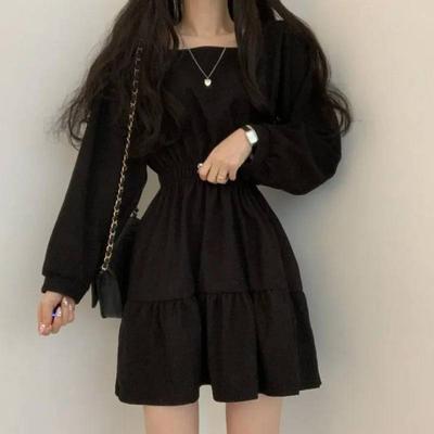 Korea Feminin Frühling Herbst Basic Wear Baumwollmischung A-Linie Kleines Schwarzes Kleid