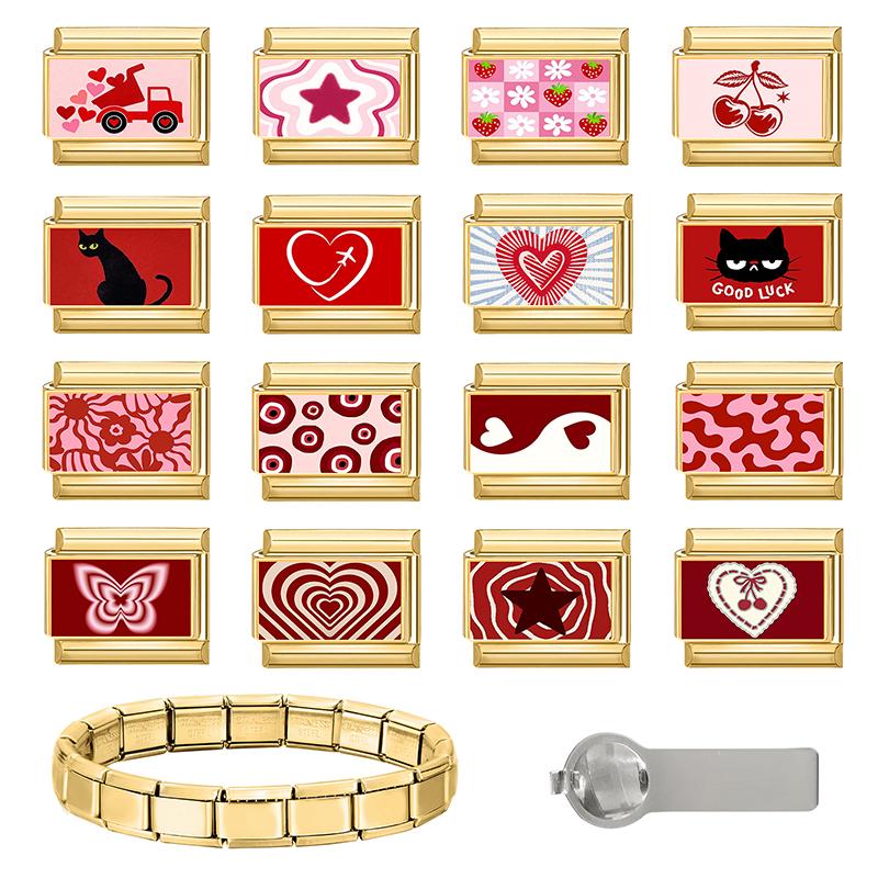 Romantic Red Strawberry Tai Chi Eyes Cat Star Golden Charm Links 9mm Bracelets Bangle Stainless Steel Girls' DIY Making Gifts