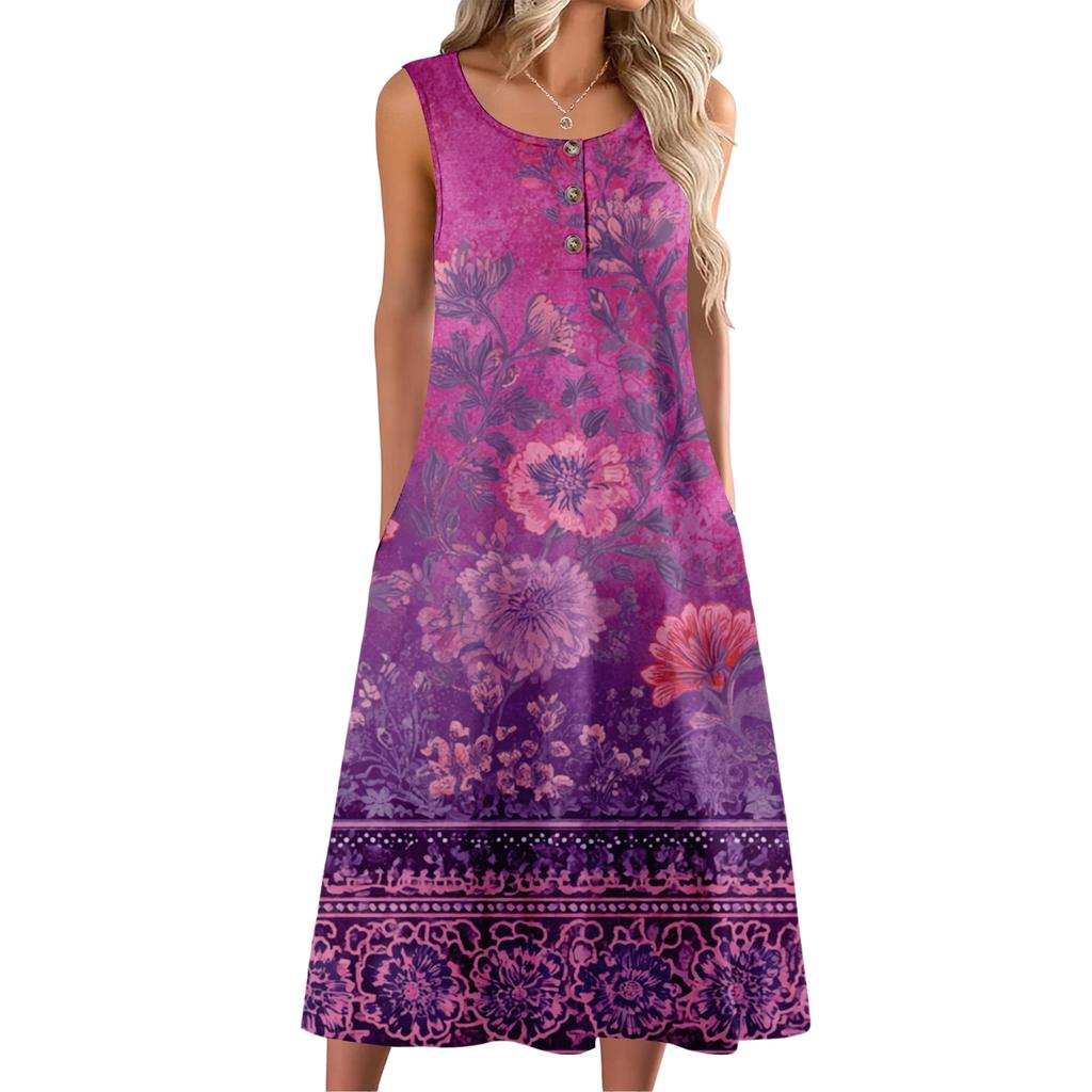 Women's Fashion Casual Sleeveless Button Floral Print Dress with Pocket