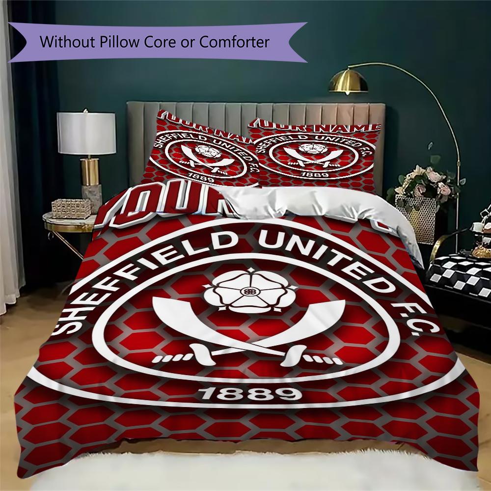 Benutzerdefinierter Name Sheffield United FC Muster Bettwäsche Steppdecke Set Steppdecke Bezug Kissenbezug Heimdekoration Geburtstagsgeschenk (1*Bettbezug+2*Kissenbezug ohne Füllung)
