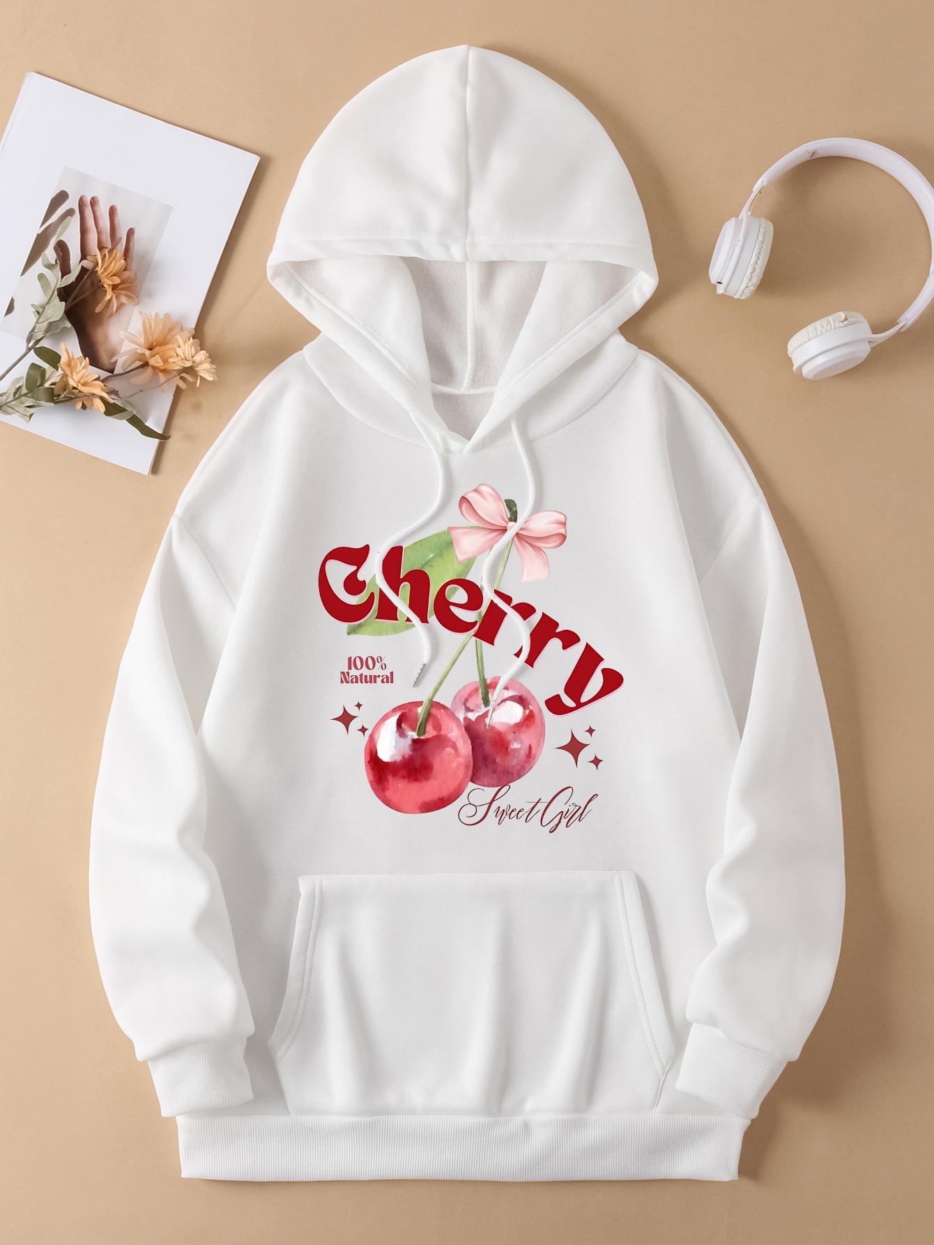 

100% Natural Cherry Fruit Printing Women Hoody Pocket Y2K Hoodies Hip Hop Loose Pullover Casual Fleece Comfortable Clothes S