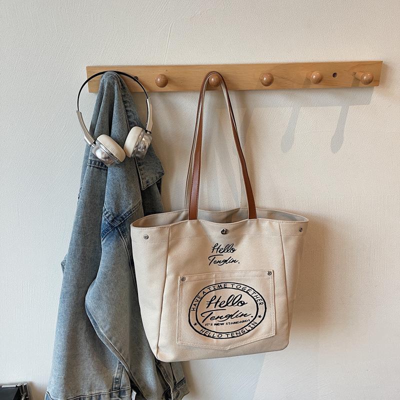 Fashi Korean Style Large Capacity Canvas Top Handle Bag Texture Simple Shoulder Bag for Women with Letter Print Storage Bags