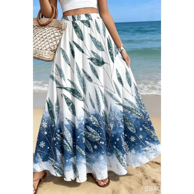 Tištěný design Červený a bílý drobný květinový potisk Celoroční dámská maxi sukně, Boho elastický pas Splývavá poloviční sukně