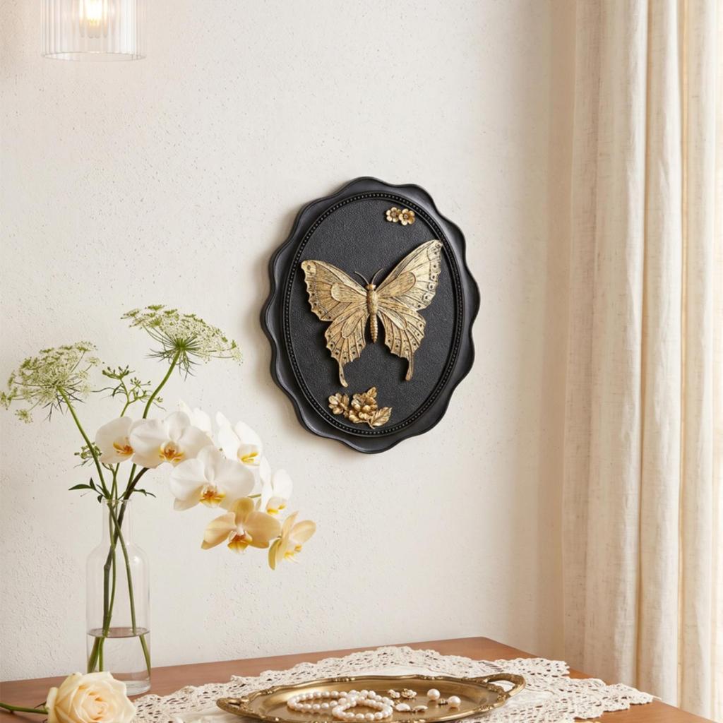 Hand-Painted Butterfly Wall Plaque Sculptural Oval Resin Decorative