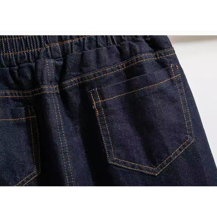 Retro Dark Blue Straight Leg Cropped Pants Jeans for Women Spring Elastic Waisted Wide Leg Pants