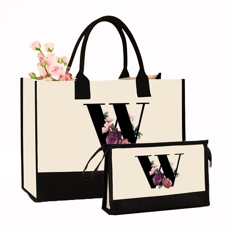 Canvas Shoulder Bag Makeup Set with Color Block Print & Portable Zipper Clutch