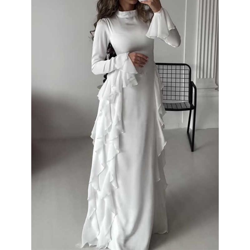 And American Foreign Trade Women's Clothing Cross-Border Amazon Autumn Crew Neck Bell Sleeve Temperament High Waist Slimming Patchwork Dress Women