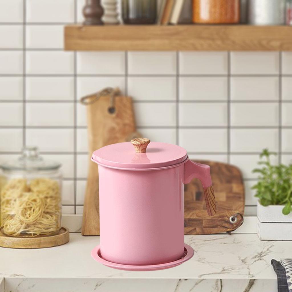 Container Iron Wood Grain Handle Storage Pot with Coaster Tray Fine Mesh Strainer Oil