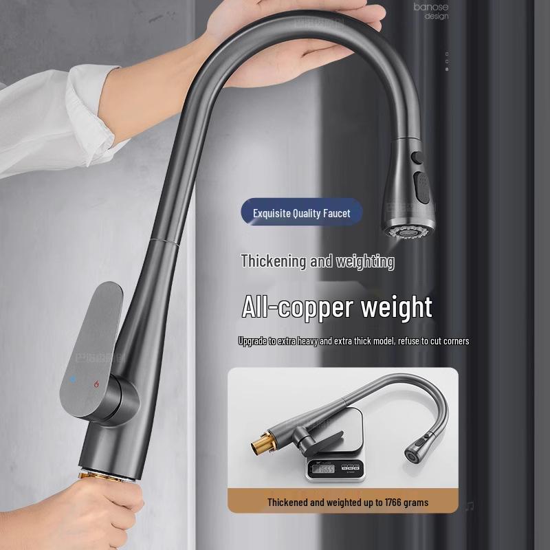 All-Copper Kitchen Pull-Out Faucet with 360° Rotation & Dual-Use Hot/Cold for Vegetable Sink