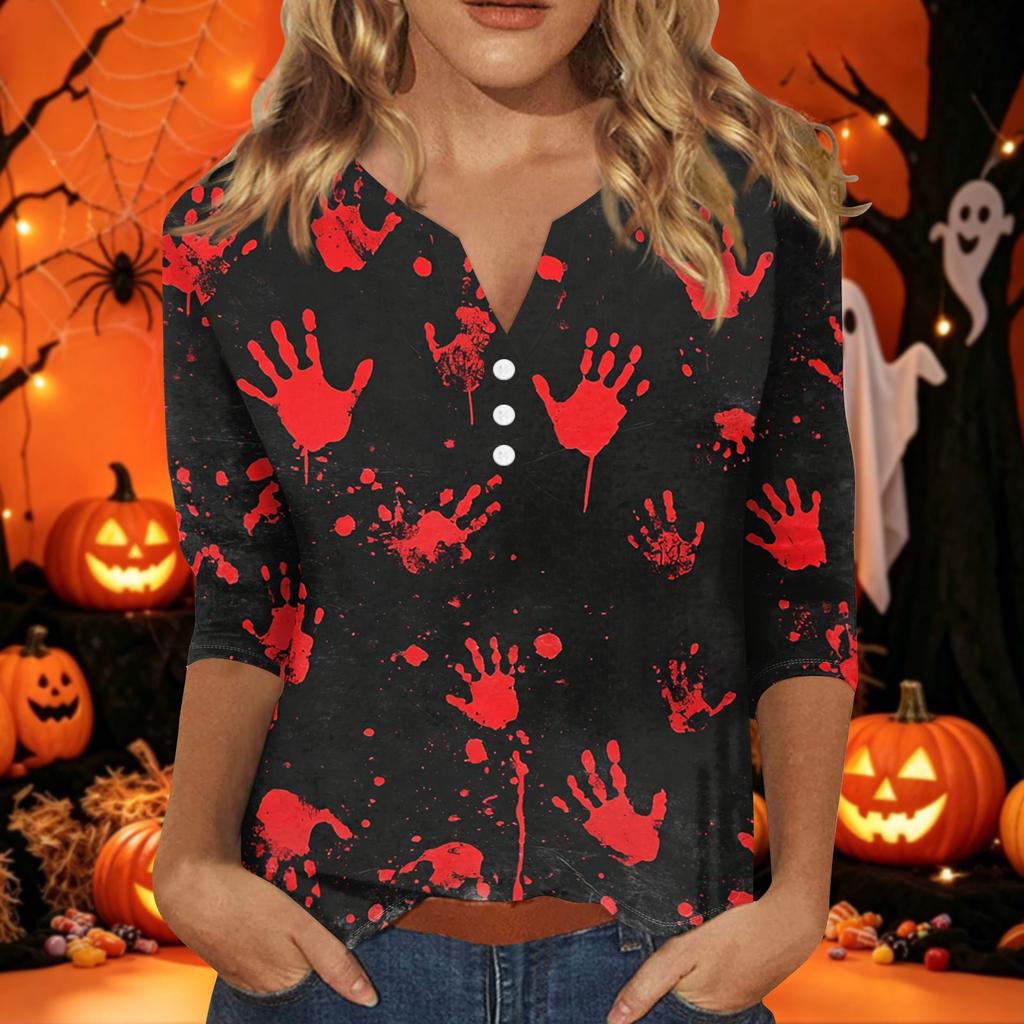 Women's Halloween Print V-Neck Short Sleeve T-Shirt with Decorative Buttons for Casual Fall Outfits