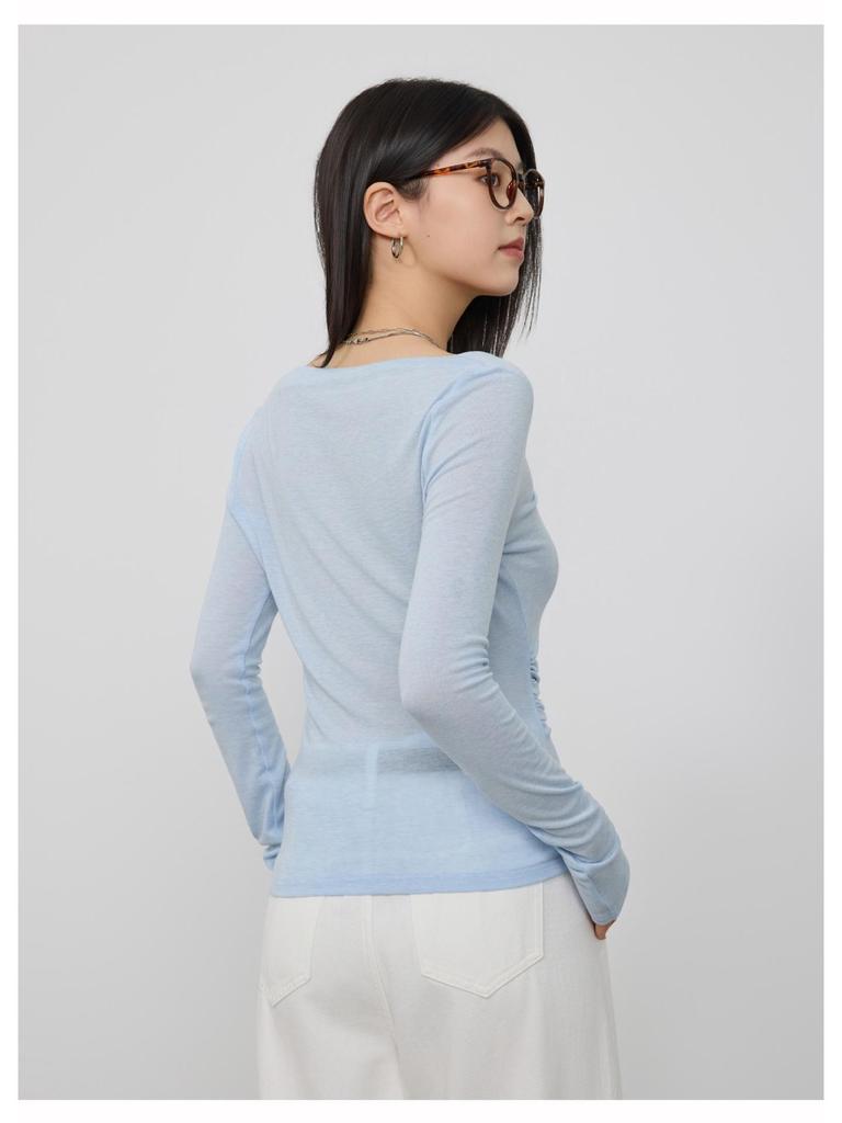 Korean Style Autumn Pleated Slanted Neck Long Sleeve Slimming Women's Top