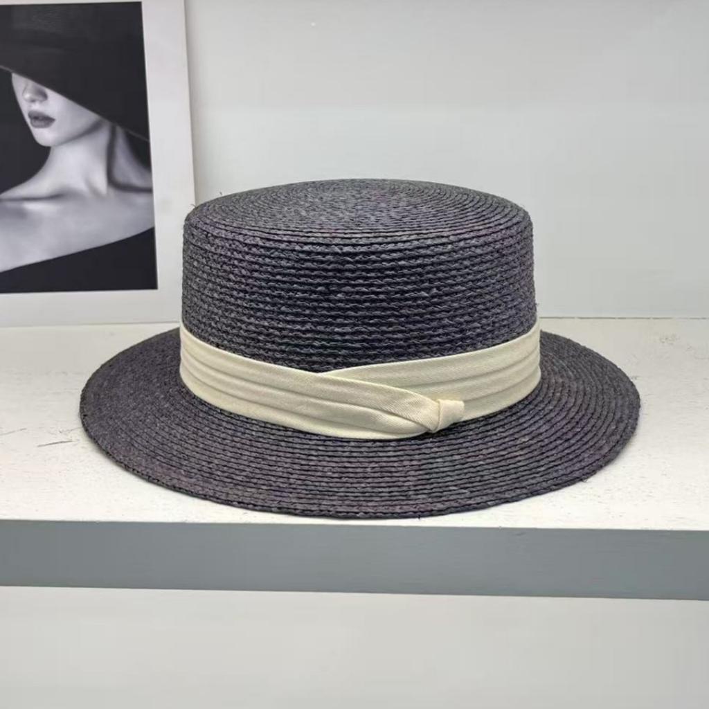 French Te Silk Lafie Grass Flat Top Straw Hat Women's Summer Hepburn Elegant Top Hat, Men's Sun Had Seaside Beach Hat