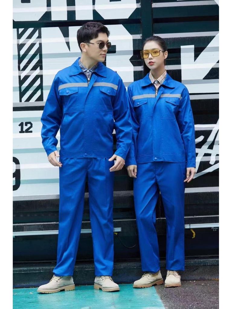 Summer Lightweight Polyester Cotton Reflective Workwear Set - Long Sleeve Protective Clothing for Construction and Workshop Use.