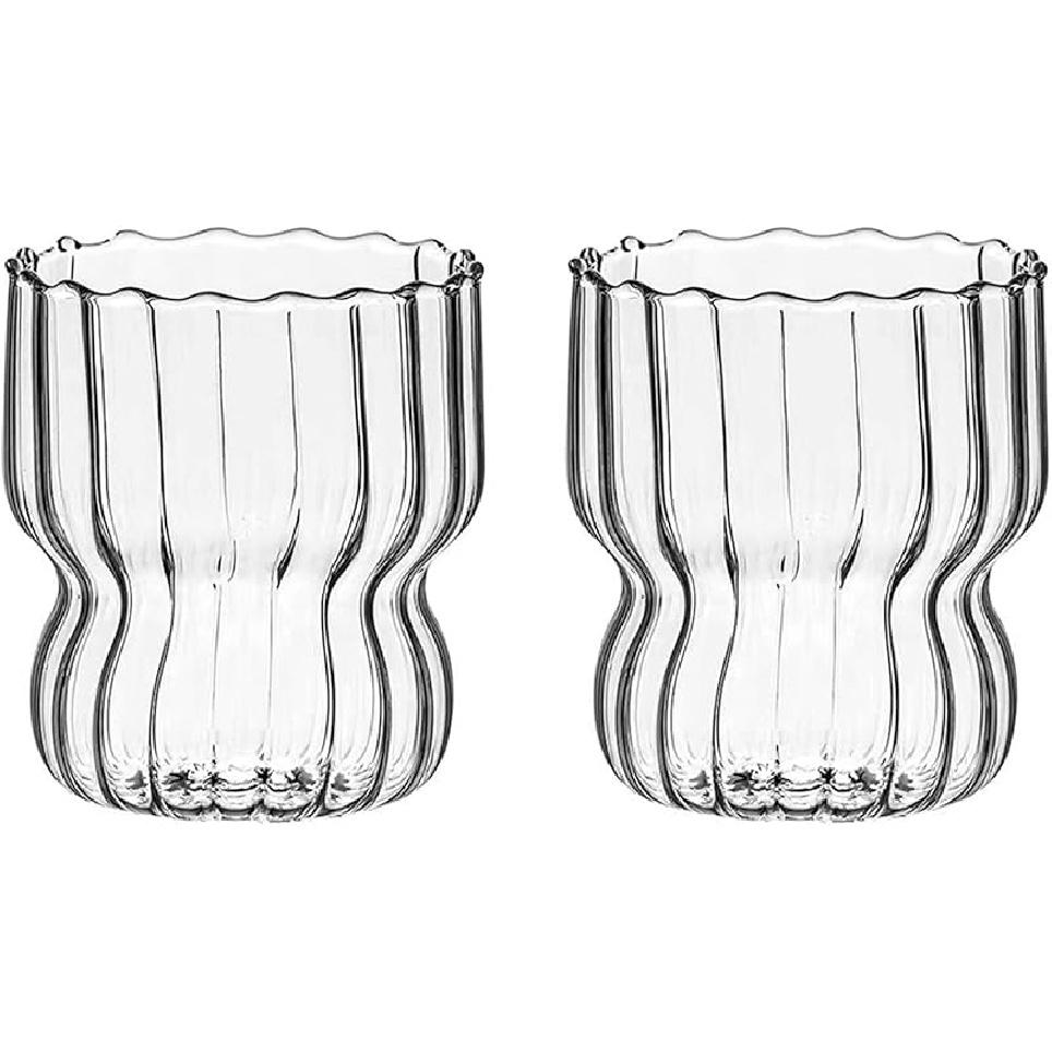 MANMAOHE 22 Oz Ribbed Glass Cups Set of 2 Creative Wavy Drinking Glasses Vintage Ribbed Glassware Vintage Ripple Drinking Glasses for Coffee Cocktail 300ml