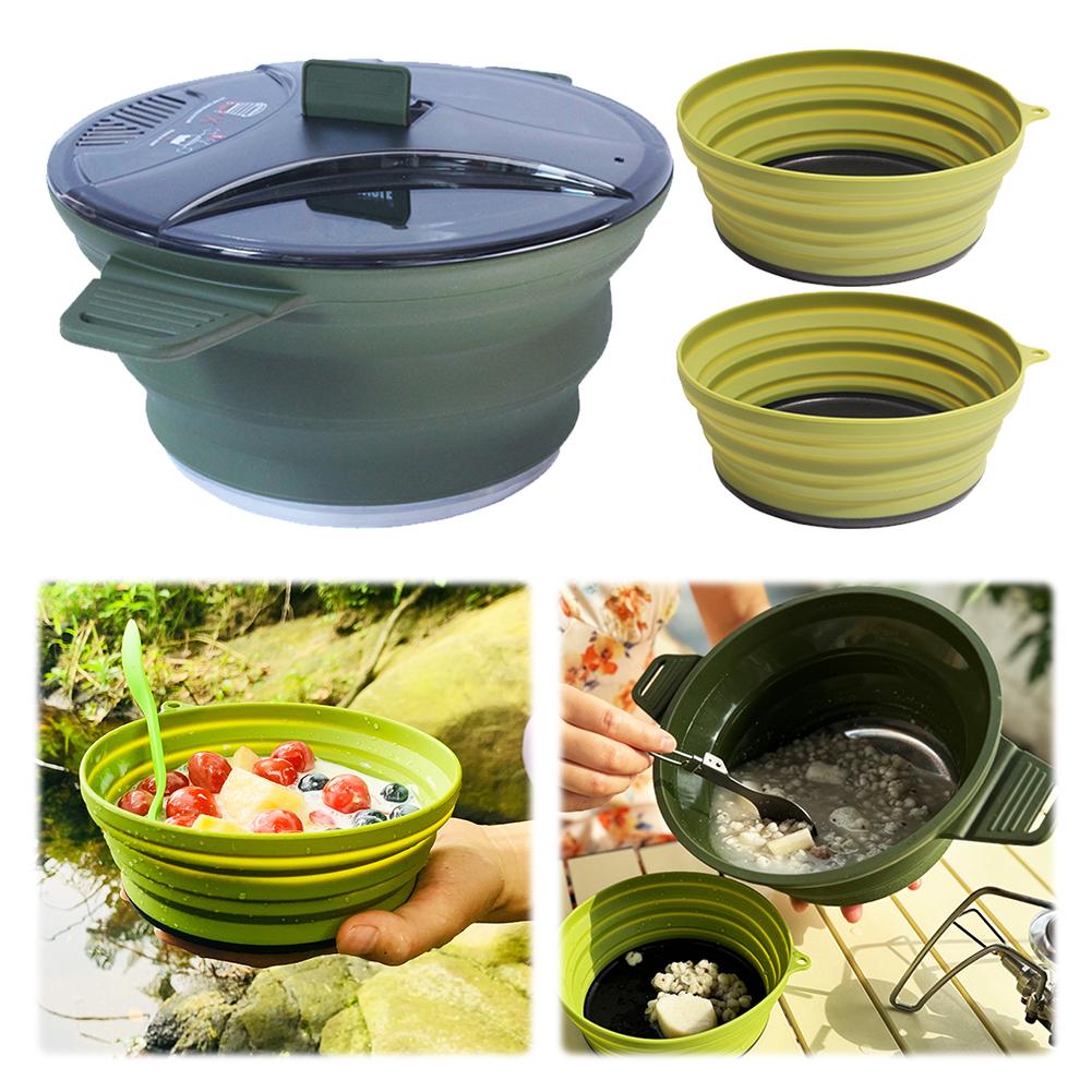 Outdoor Collapsible Pot with 2 Foldable Bowls Heat Resistant Foldable Camping Pot Stainless Steel for Hiking Backpacking