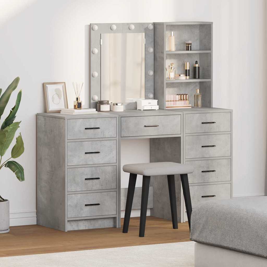 Makeup Table with Mirror Lighting 3 pcs Grey Particleboard