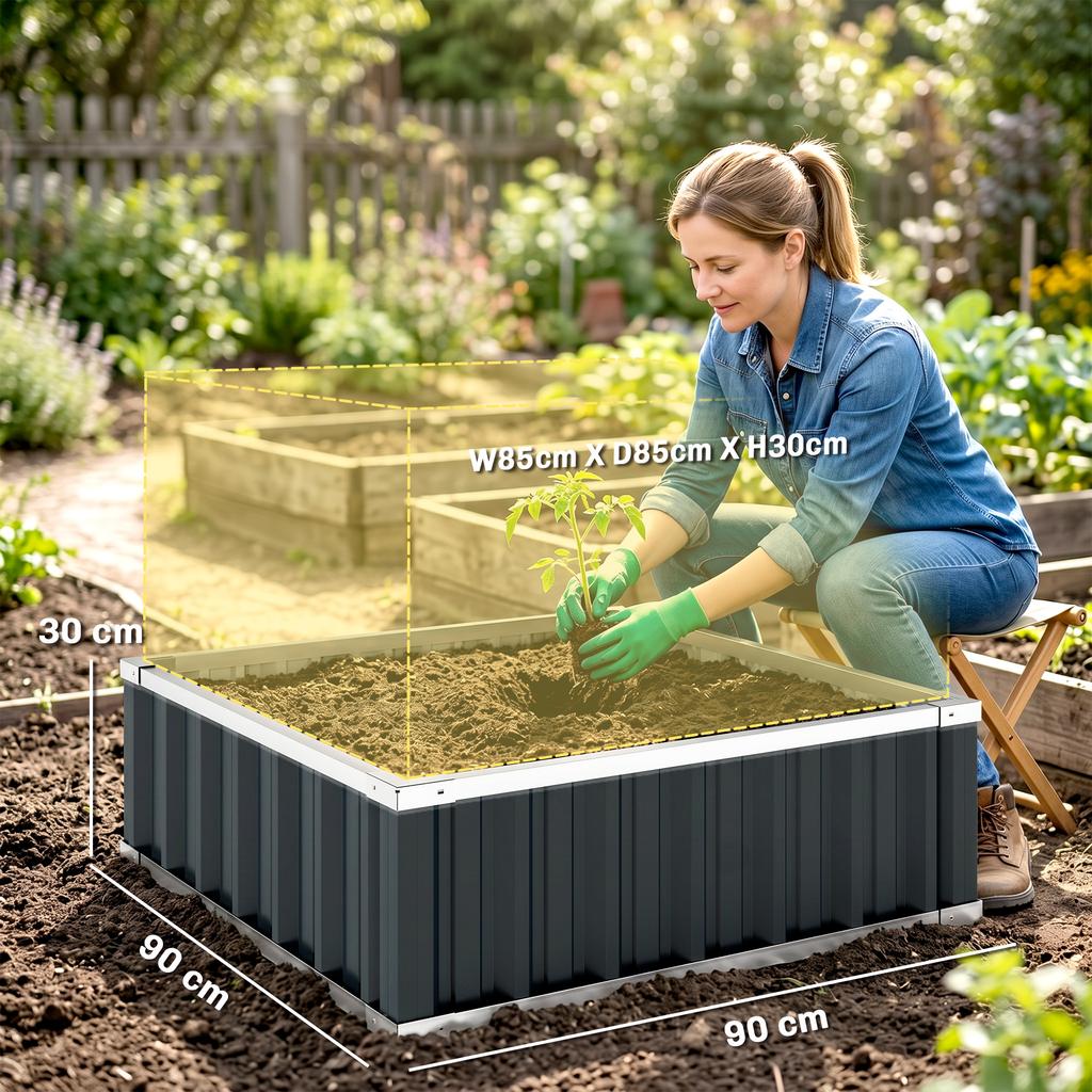 Raised Garden Bed in Steel, Open Bottom and Tool-Free Assembly, 90x90x30cm