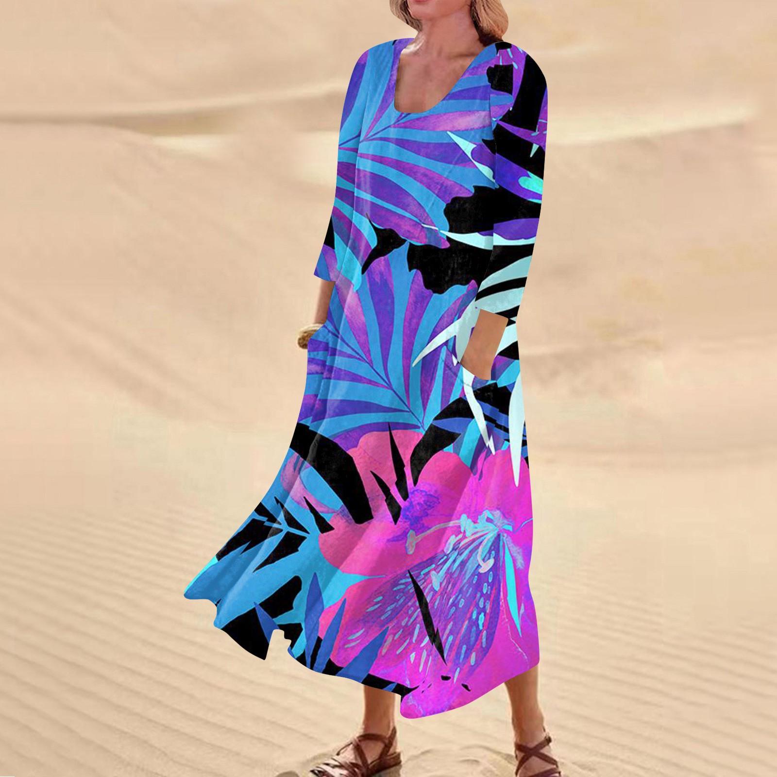 

Жіноча повсякденна зручна бавовняна сукня з кишенями з квітковим принтом і рукавами три чверті XXXXXL