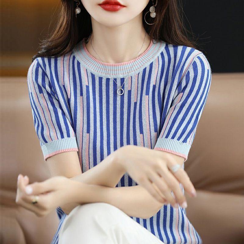 Summer Women Clothing Striped T-Shirts Contrast Color New Slim O-Neck Screw Thread Fashion Casual Short Sleeve Thin Knitted Tops