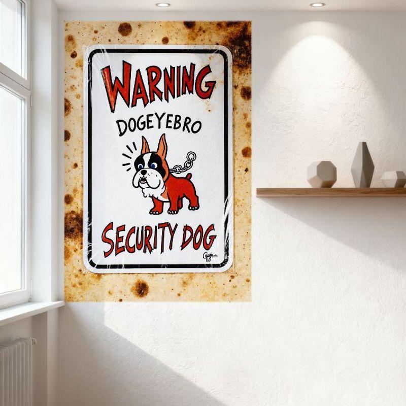 Warnung Wachhund Französische Bulldogge Metallblechschild, Cartoon Aggressiver Hund mit Kettenhalsband, Rustikaler Brauner Hintergrund Dekor für