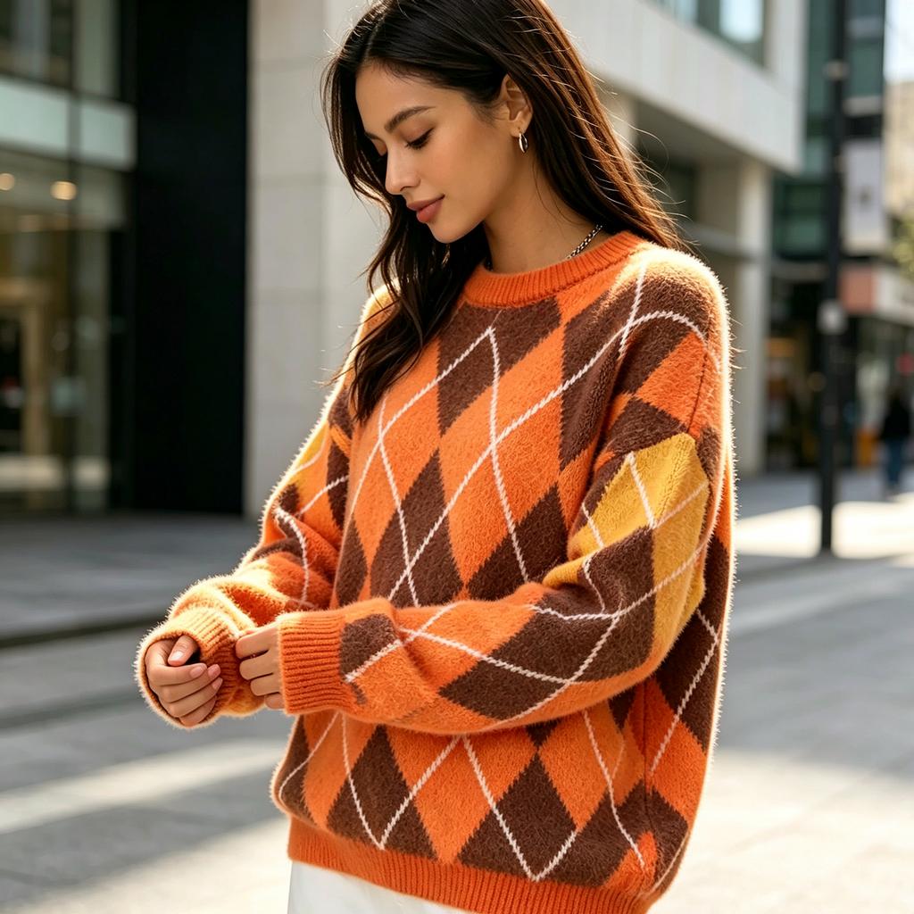 Women's Loose Fit Knit Top Neck Color Block Pullover Sweater for Casual Wear