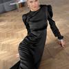 Autumn Black Fashion Thick Matte Satin Satin Crew Neck Bubble Sleeve Commuter Sexy Dress Women's Clothing
